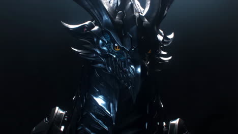 close-up of an armored dragon creature with glowing eyes
