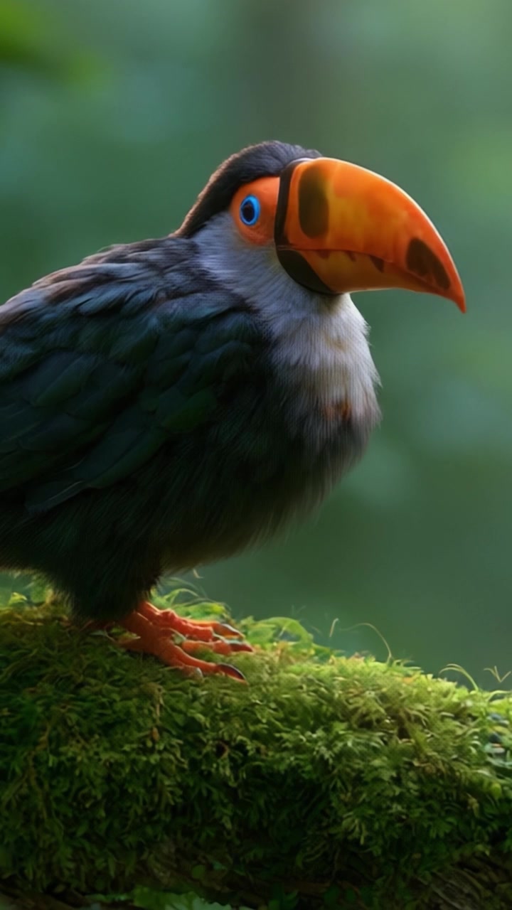 Un bellissimo uccello tropicale appollaiato su muschio verde lussureggiante: accattivante bellezza aviaria nel suo habitat naturale.