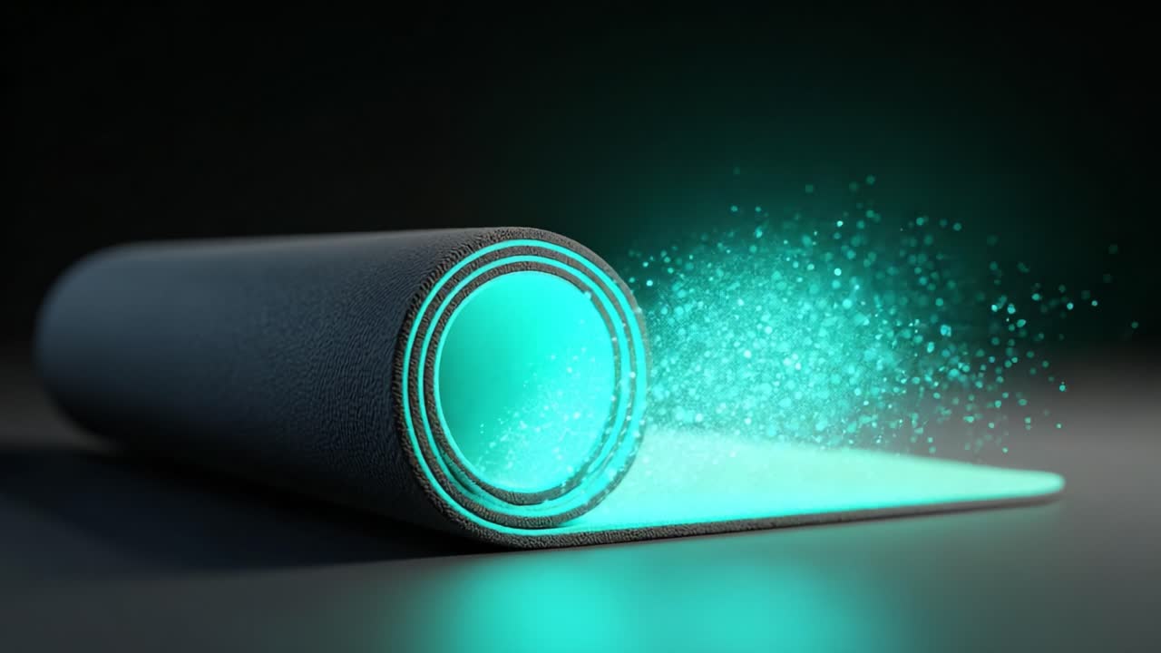 A Captivating Visualization of a Rolled Exercise Mat Unveiling a Magical Burst of Particle Effects with a Dazzling Teal Glow Against a Dark Background