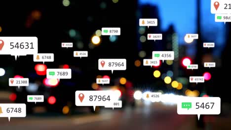 animación de iconos de redes sociales y números fuera de foco de la ciudad y las luces de los coches
