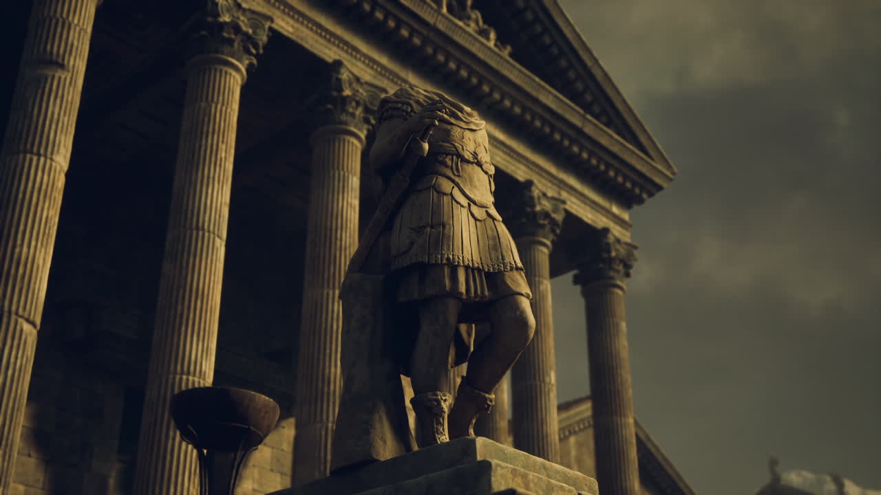 Statua storica vicino a colonne antiche con cielo drammatico al tramonto