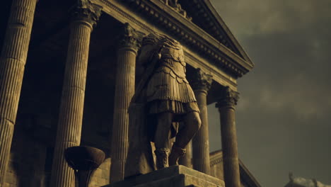 historic statue near ancient columns with dramatic sky at dusk