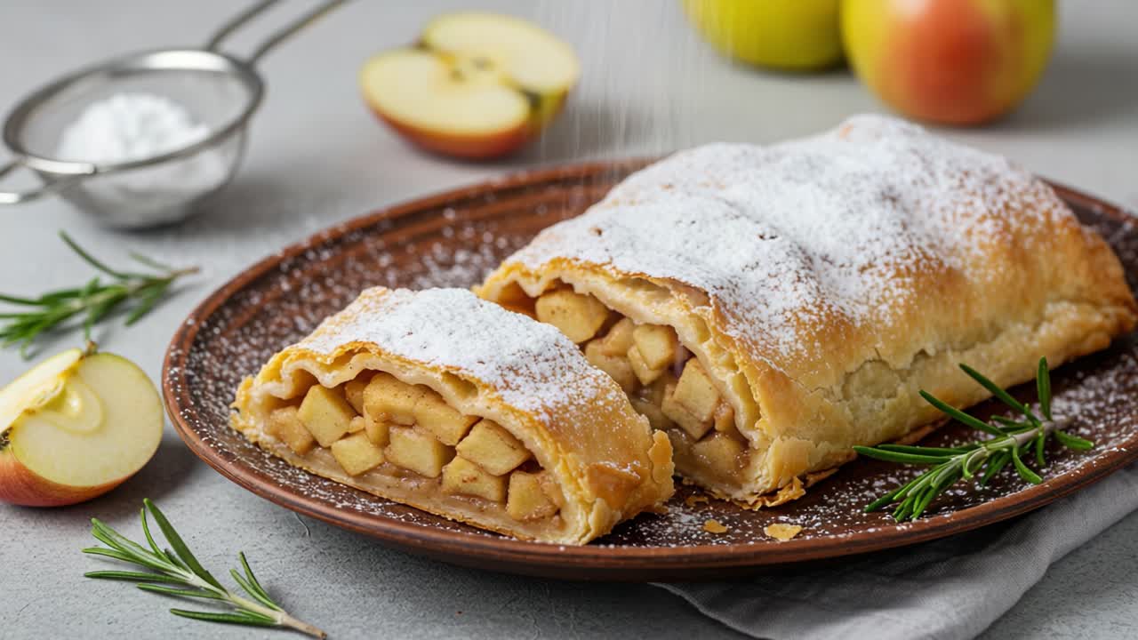 Freshly Baked Apple Strudel with Powdered Sugar