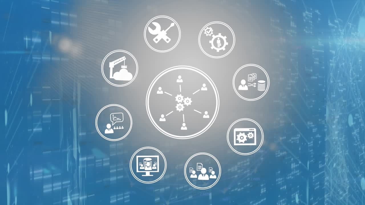Animation of multiple digital icons over screens of mosaic squares against blue background
