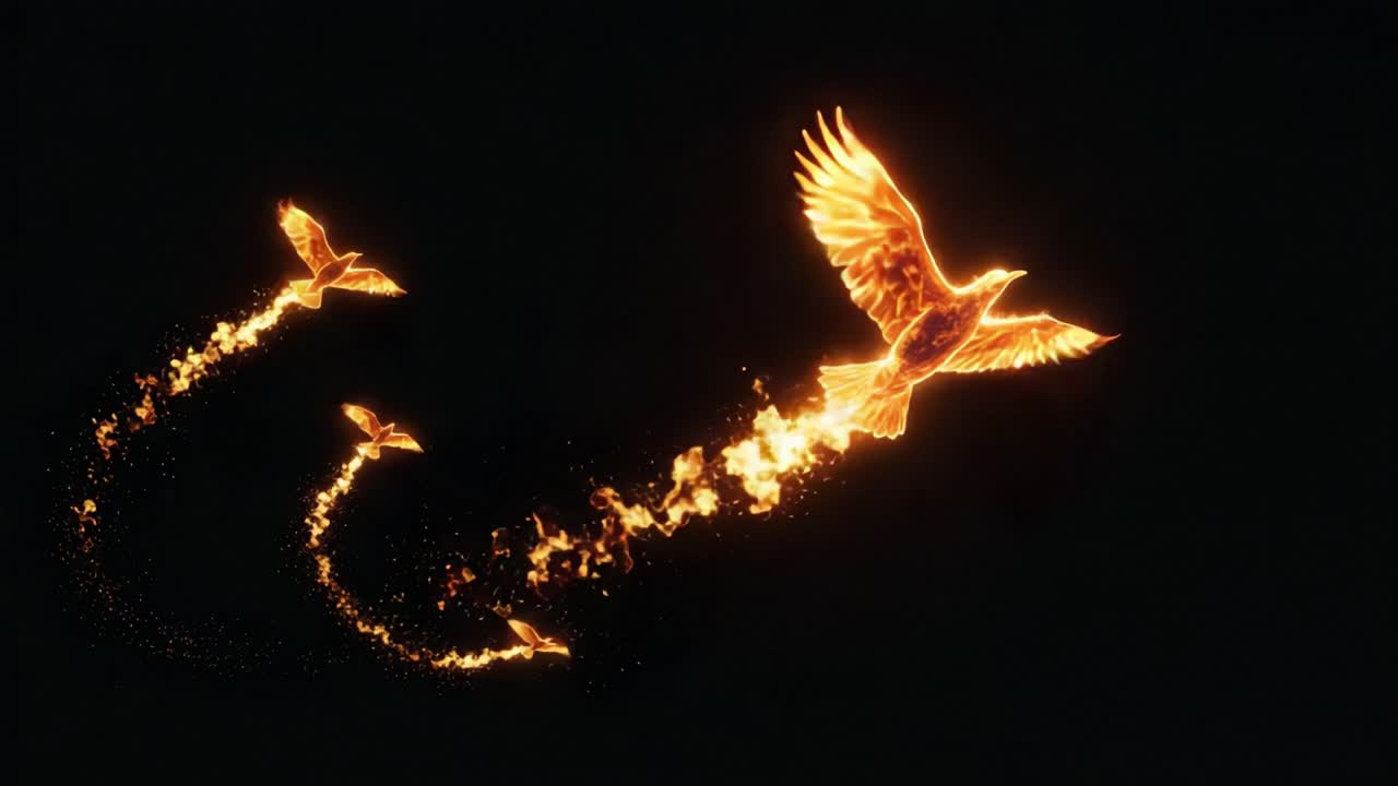 A Mesmerizing Display of Fiery Birds Soaring Through the Darkness, Embodying Freedom and Transformation with Their Stunning Flames and Graceful Movements
