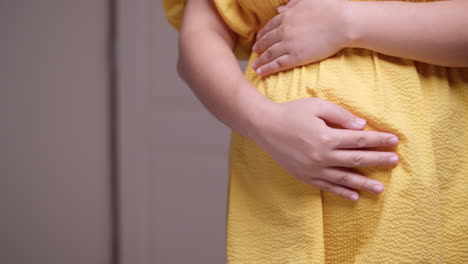 Eine-Werdende-Mutter-Hält-Und-Streichelt-Ihren-Prallen-Babybauch-In-Langsamen-Kreisenden-Bewegungen-Mit-Beiden-Händen