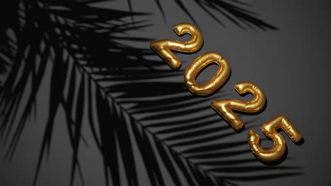 Greeting-Happy-New-Year-2025-with-black-background-and-palm-tree-gentle-breeze-,-tropical-holiday-concept-3d-rendering-animation