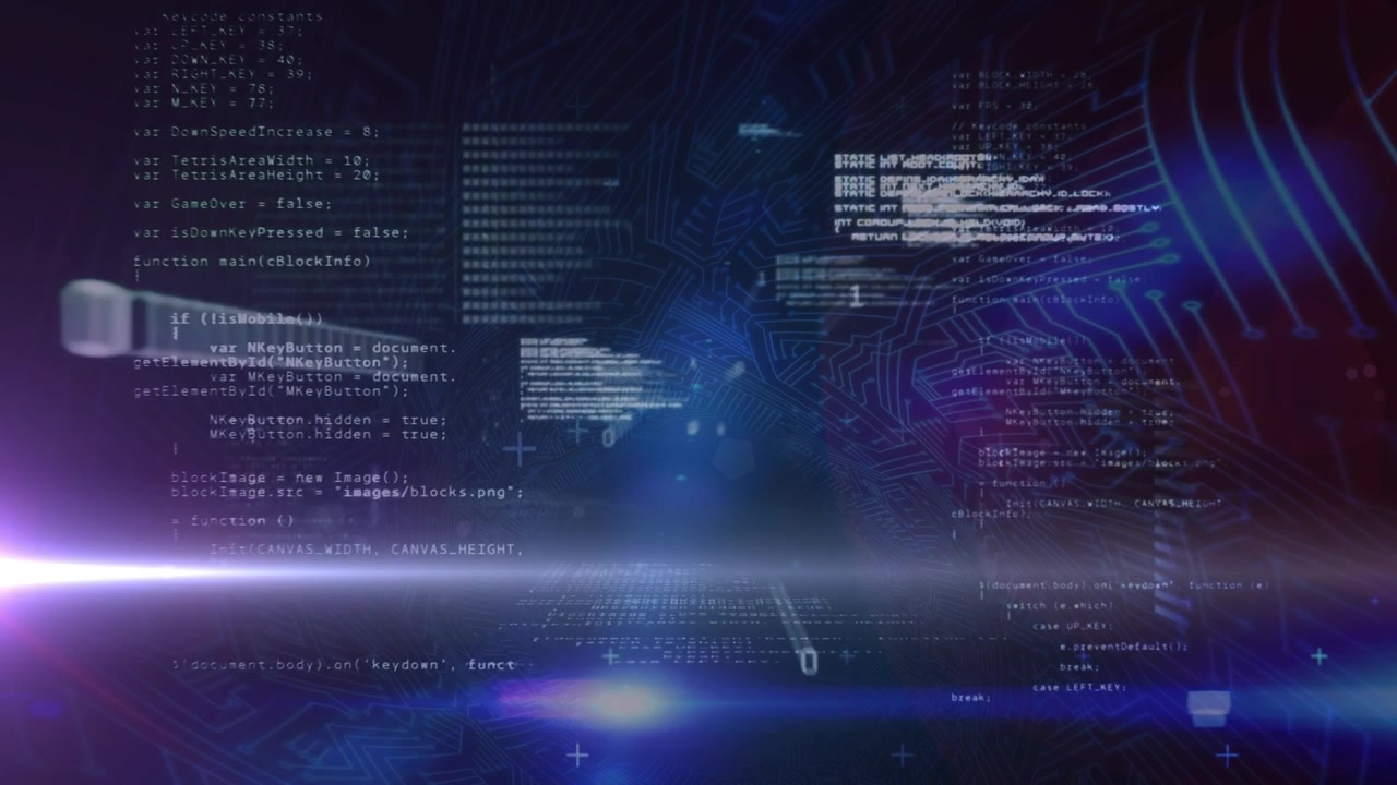 Animation of data processing over light trails on black background
