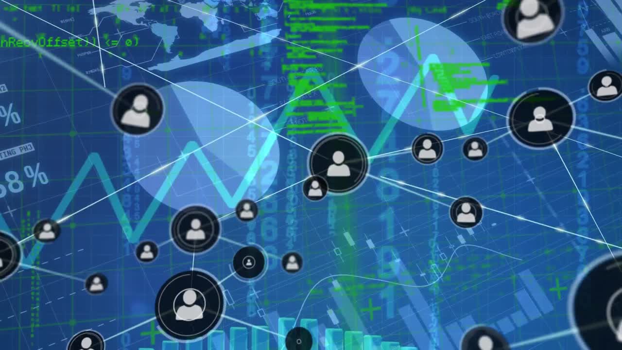 animación de la red de conexiones con iconos y mapa del mundo sobre el procesamiento de datos en fondo azul.