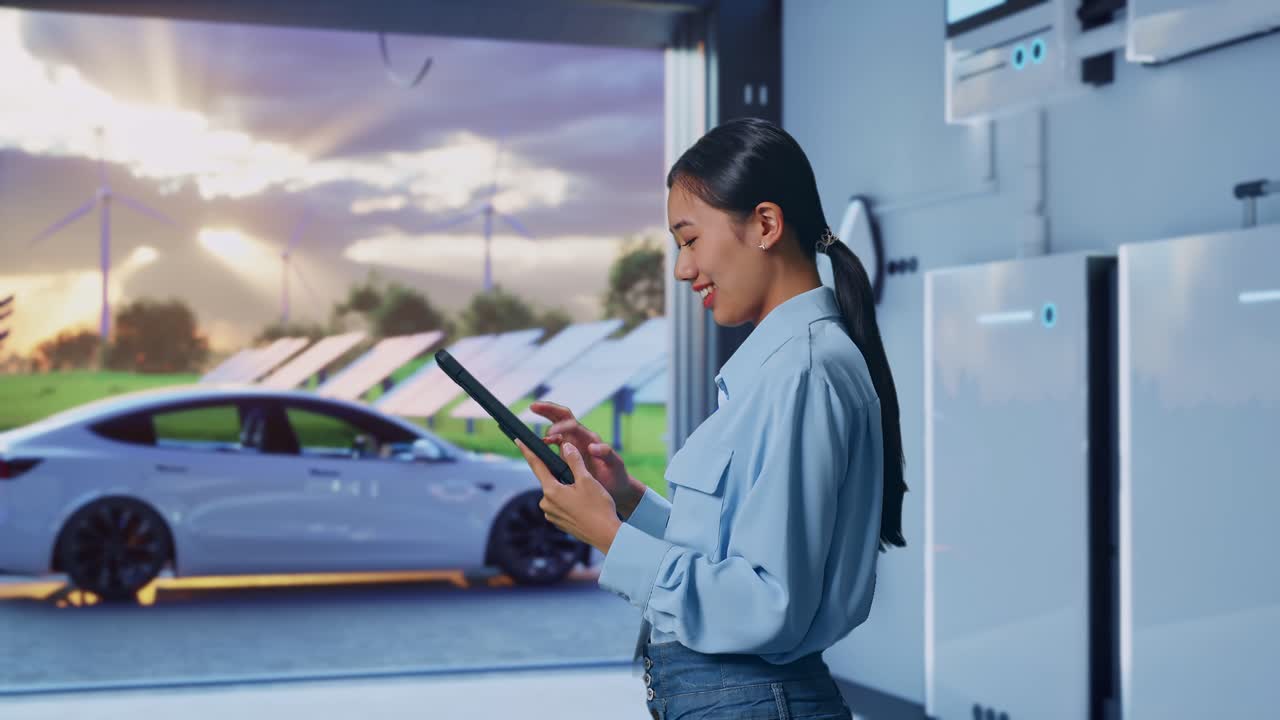 Side View Of Asian Female With Her Tablet With Home Energy Storage System In a Modern Garage, Checking On Her Tablet With Meditation