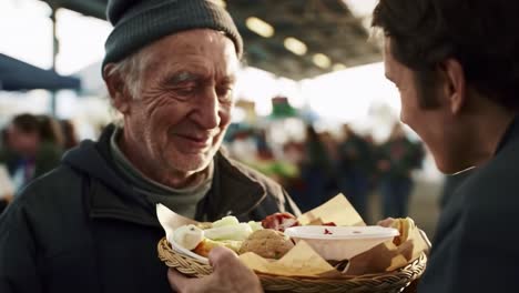 heartwarming encounter at a market: a man receives a generous gift of fresh produce and gratitude amidst the warmth of a community setting
