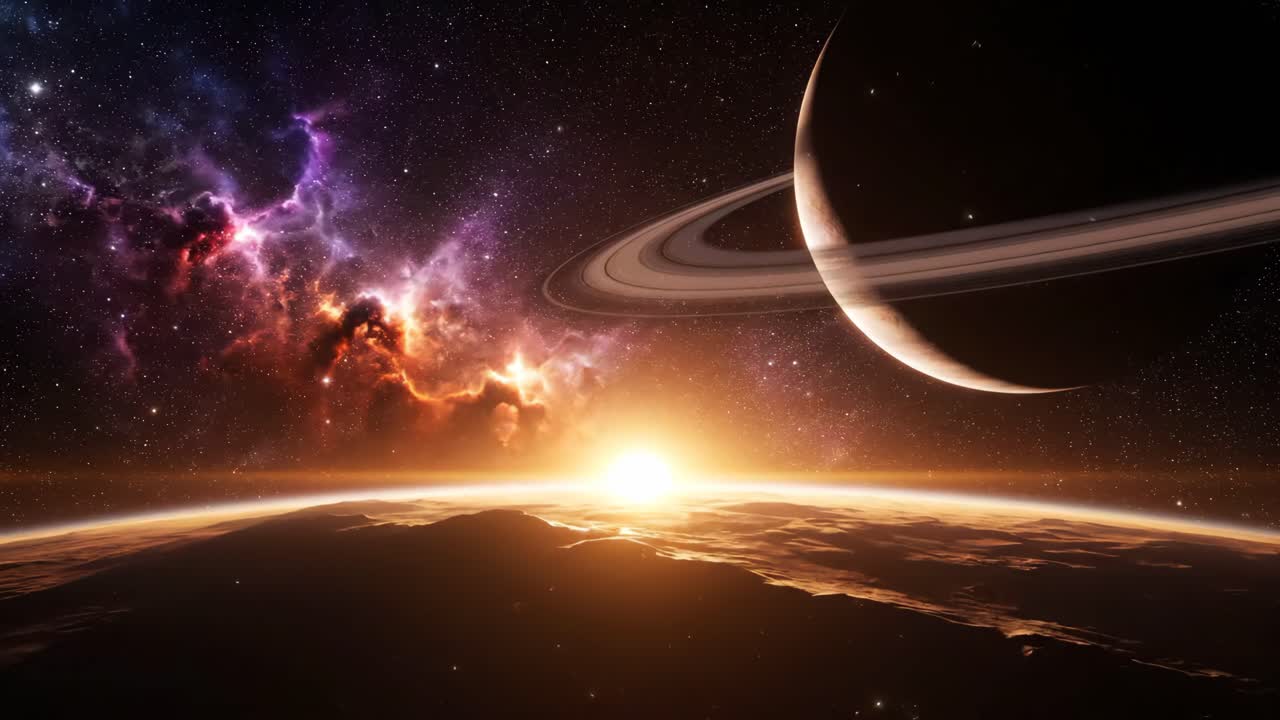 A breathtaking view of a planet with rings and a nebula in space