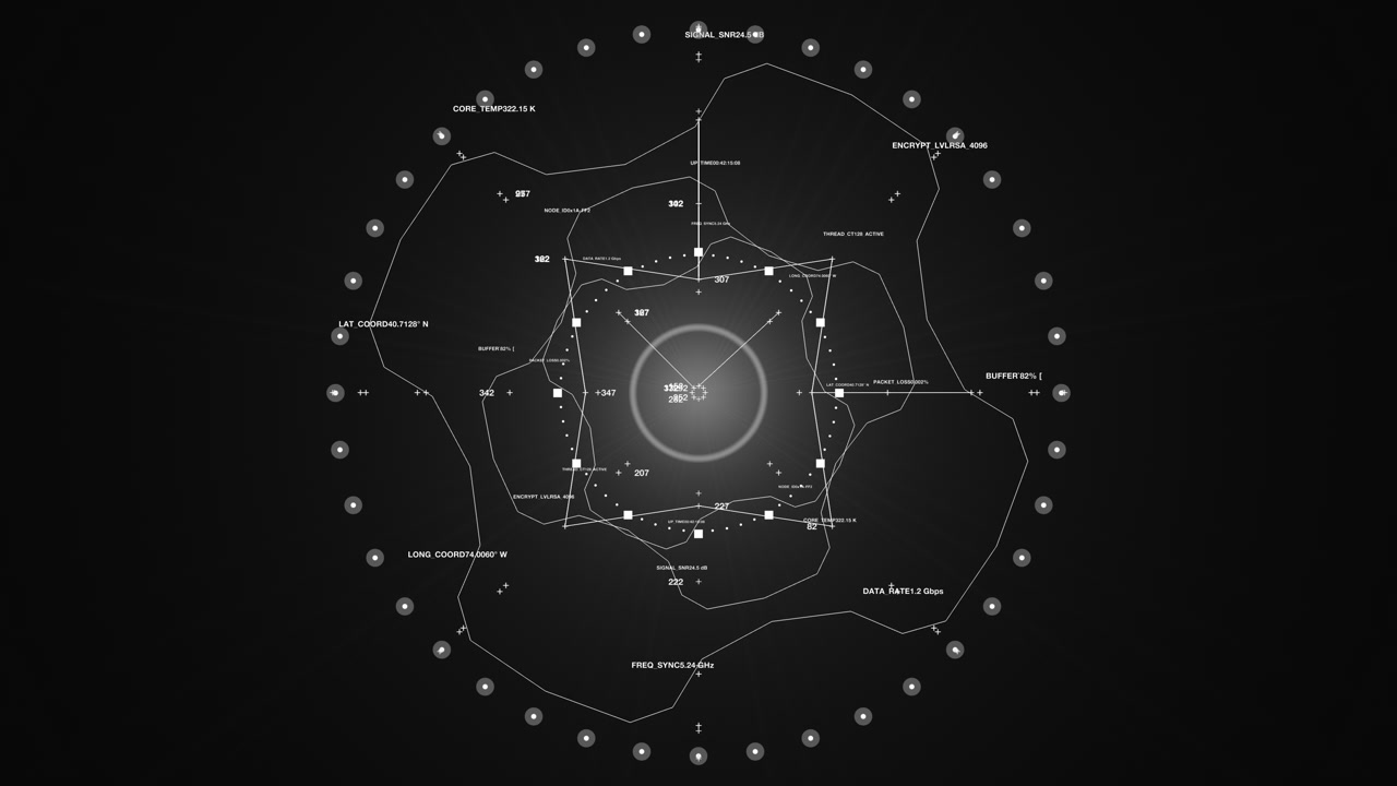 A complex, circular digital interface featuring intricate text data, coordinate mapping, and tactical schematics. Perfect for representing cybersecurity defense, AI logic, or military tech.