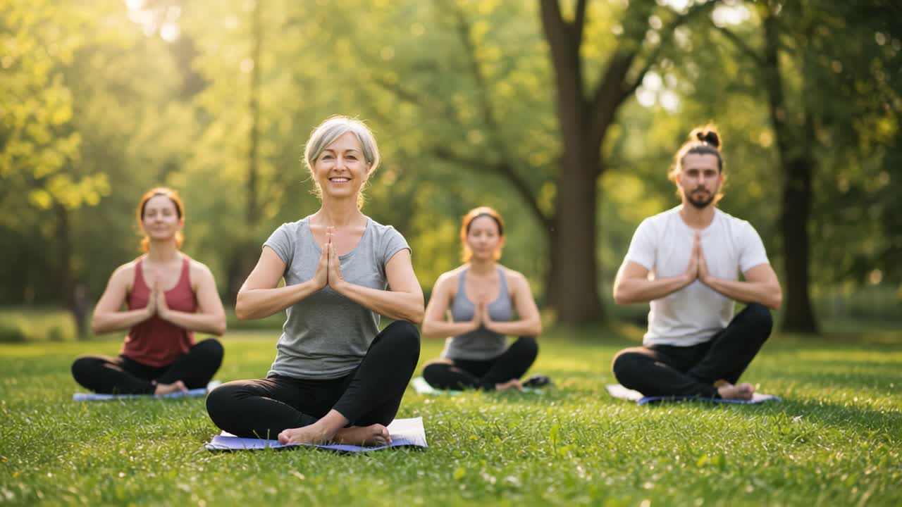 A Tranquil Group Yoga Practice in a Lush Green Park with Participants Sitting in Serene Lotus Position, Embracing Mindfulness and Connection to Nature