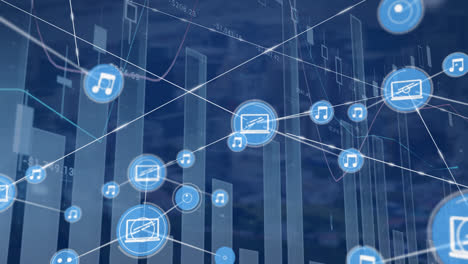 Animation-Eines-Verbindungsnetzwerks-Mit-Digitalen-Symbolen,-Statistik-Und-Datenverarbeitung