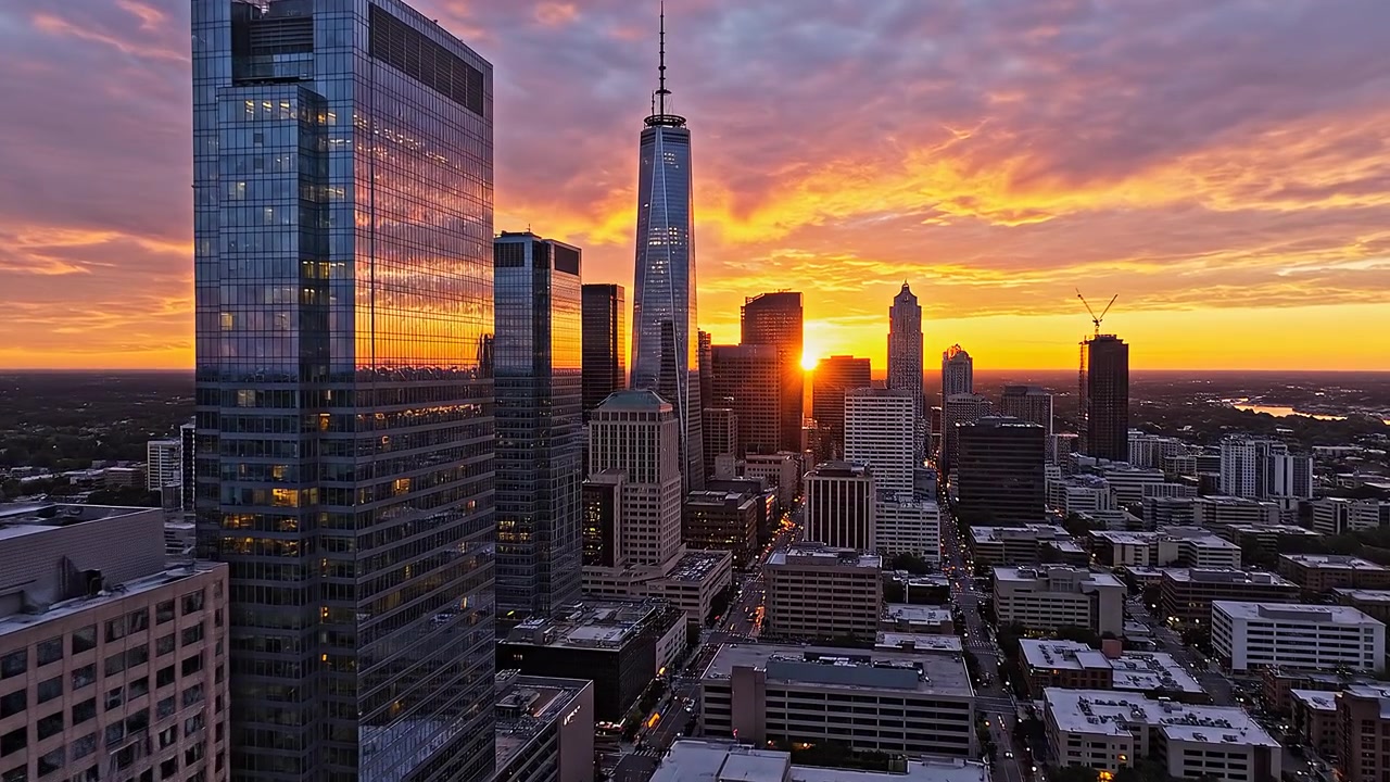 Horizonte urbano vibrante ao pôr do sol com o brilho da hora dourada