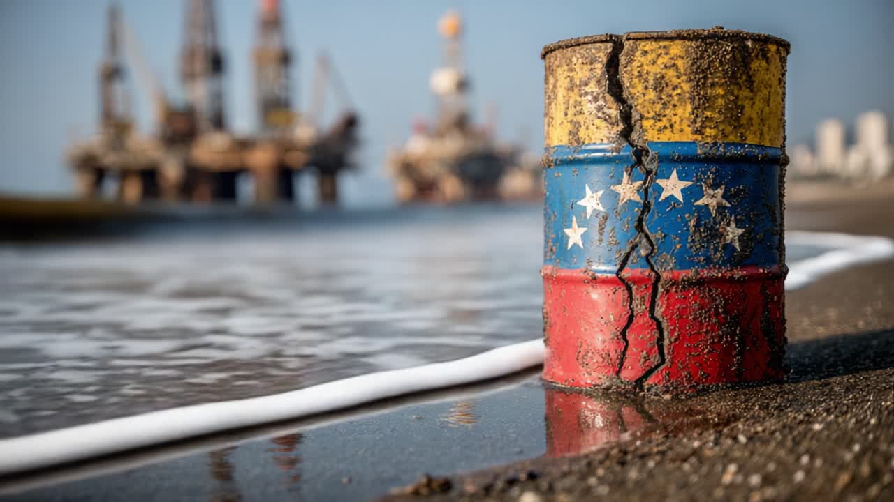Un contrasto sorprendente: un barile rotto sulla riva con piattaforme petrolifere sullo sfondo, evidenziando l'intersezione tra natura e industria nel Venezuela costiero.