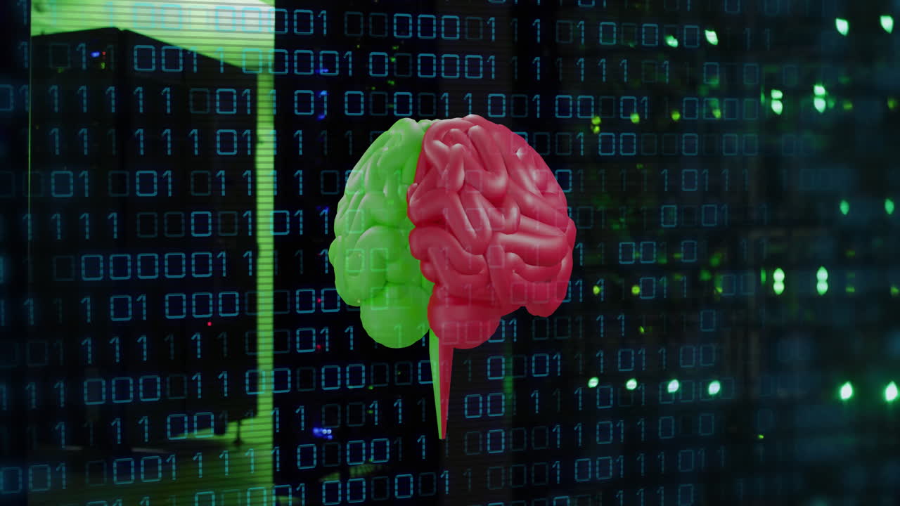 Animation of human brain and binary coding data processing over computer servers