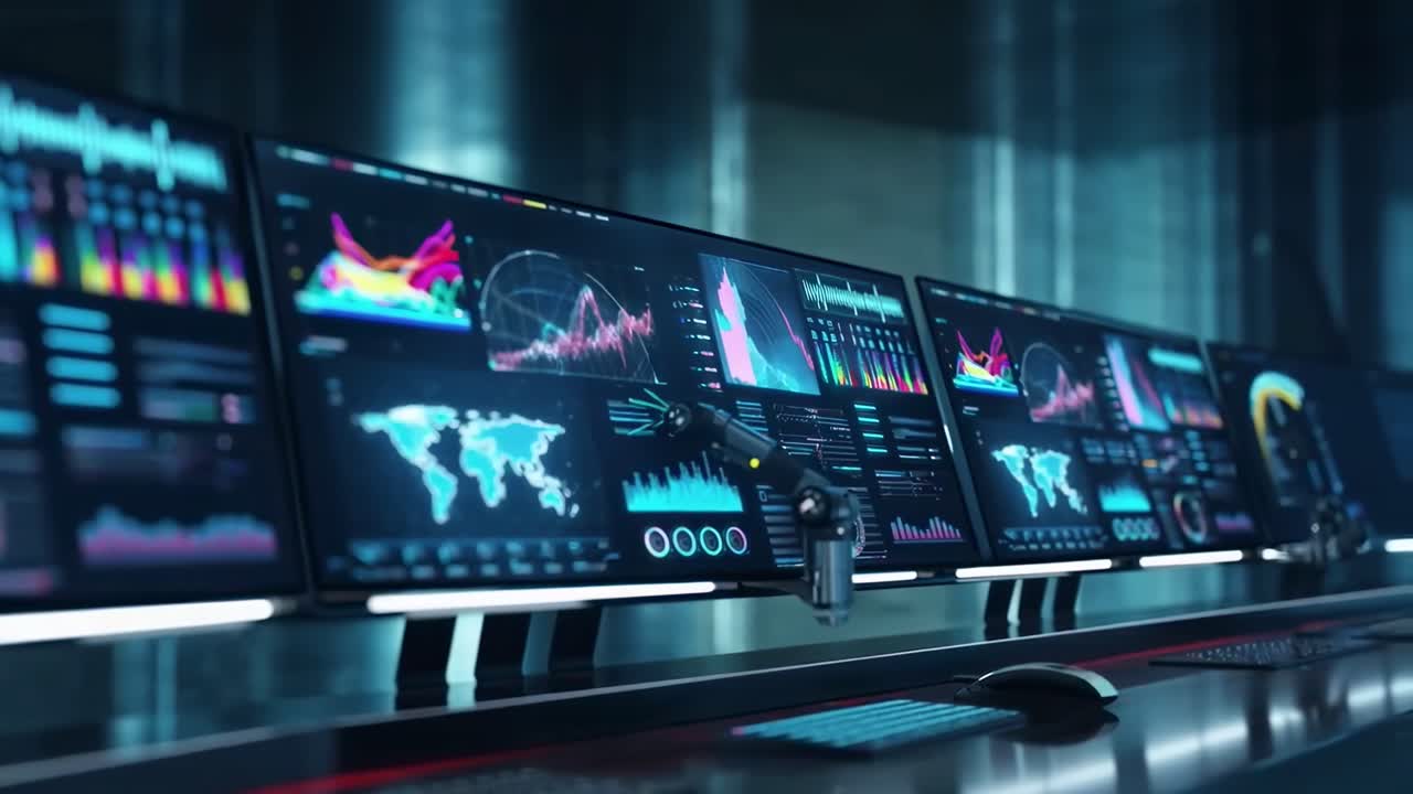 Sala di controllo futuristica con schermi multipli che mostrano dati, ripresa da un'angolazione laterale