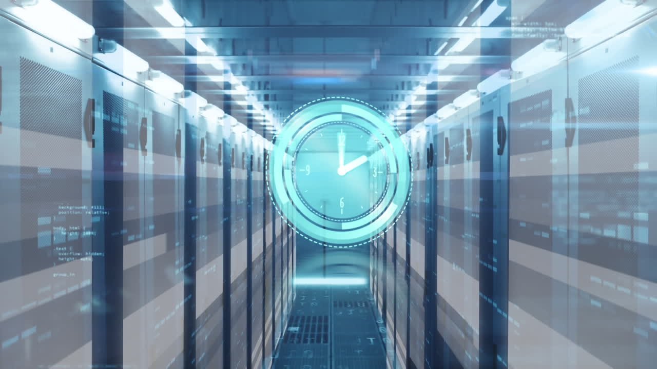 Animation of ticking clock and data processing against computer server room