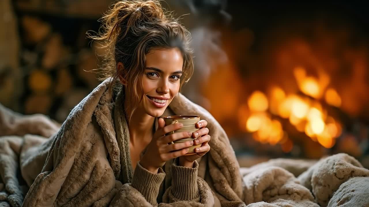 A woman in a blanket holding a cup of coffee in front of a fireplace