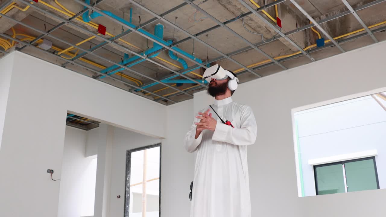Arab Business Man and civil engineer Wearing 3d VR Glasses Virtual metaverse future interior standing at the construction site