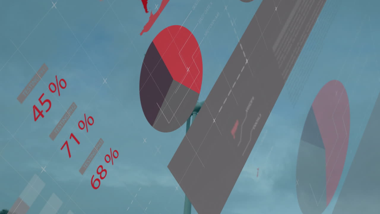 Wind turbine hub and blade rotating in sky, featuring red pie charts and world map silhouettes