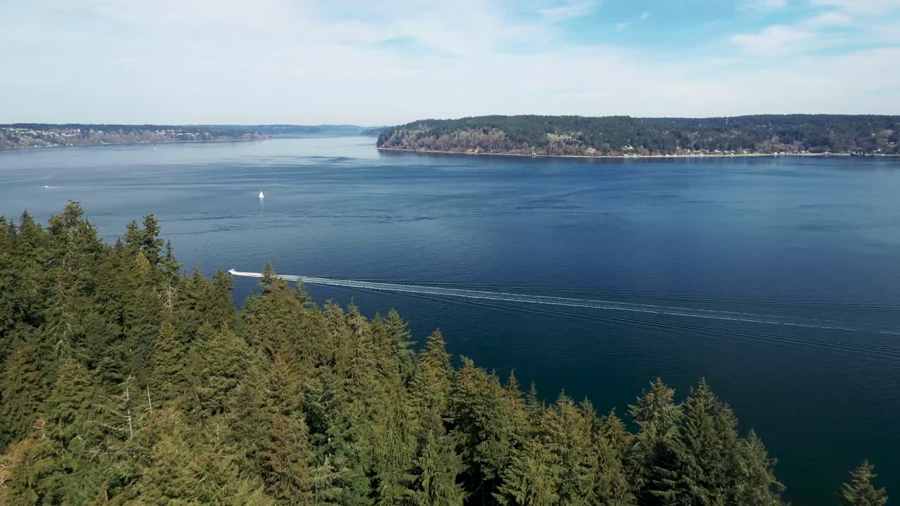 vista aérea del bosque siempre verde en el parque point defiance con vista a puget sound y una isla en tacoma, washington, estados unidos