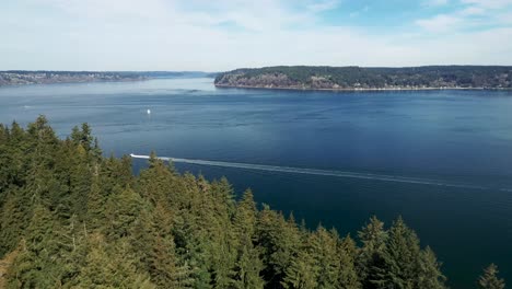 Aerial-View-Evergreen-Forest-At-Point-Defiance-Park-Overlooking-Puget-Sound-And-An-Island-In-Tacoma,-Washington,-USA