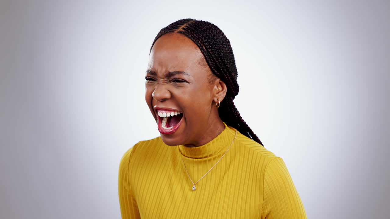 Stress, face and black woman screaming in studio