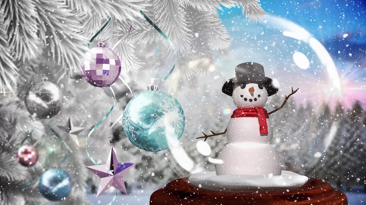 linda animación navideña de muñeco de nieve y bolas brillantes en el árbol de navidad 4k
