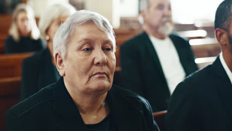 funeral, sad and death with old woman in church