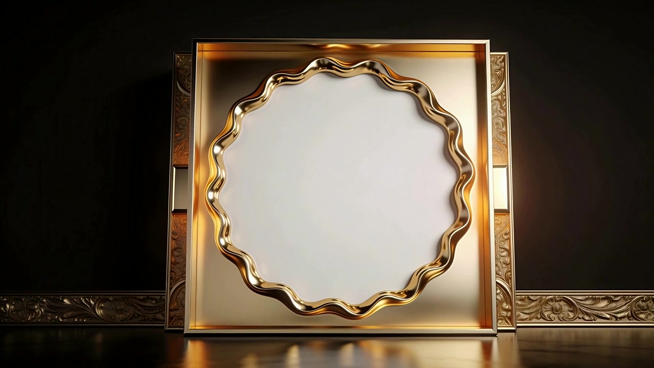 Clip starting gold frame ring rotating slowly in dark gallery, polished floor showcasing detail