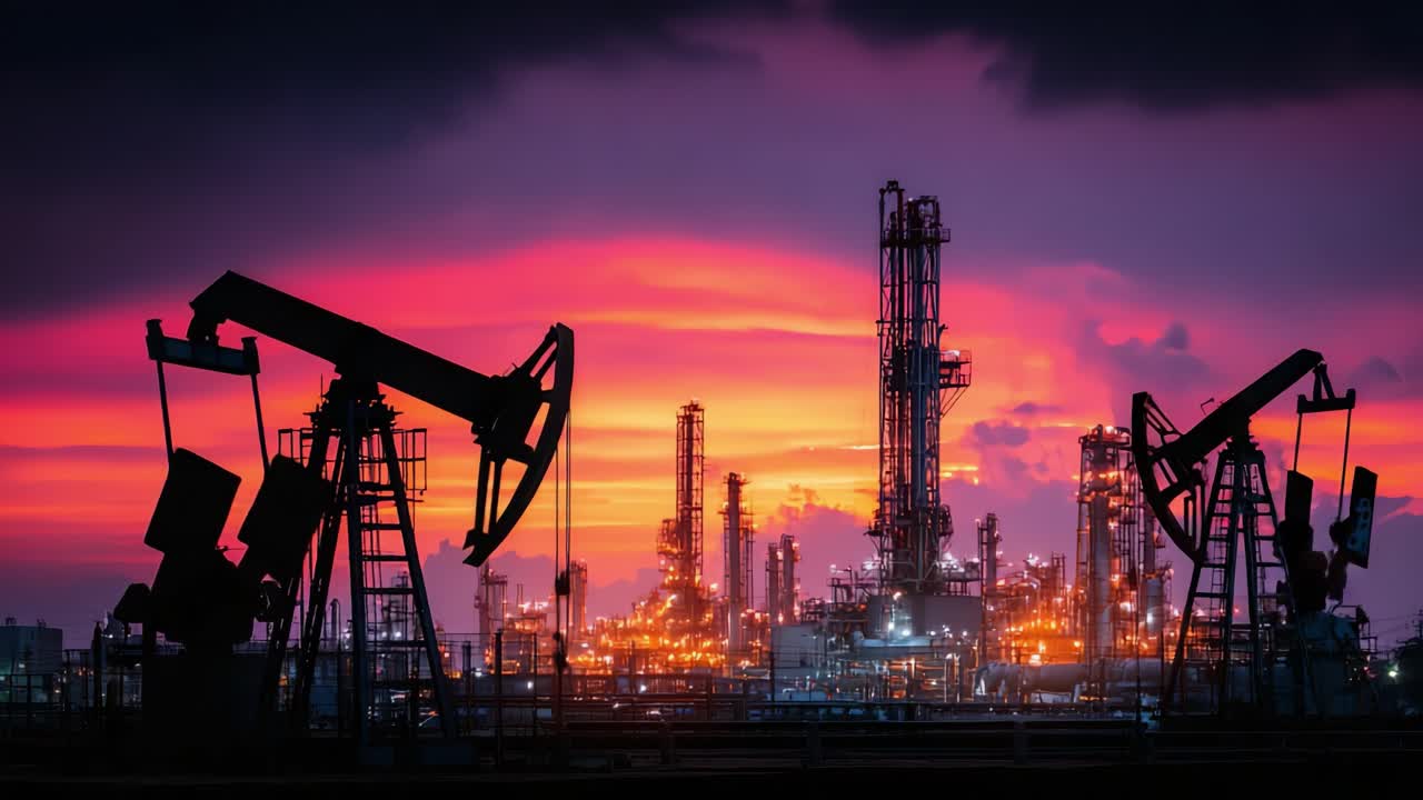 Coucher de Soleil Vibrant sur des Pompes à Pétrole Industrielles et des Raffineries : Capturant la Majesté de la Production d'Énergie en Silhouette sur un Ciel Coloré.