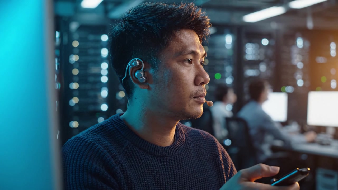Focused individual in a tech environment, using a smartphone while wearing headphones, surrounded by servers and computer workstations in a data center.