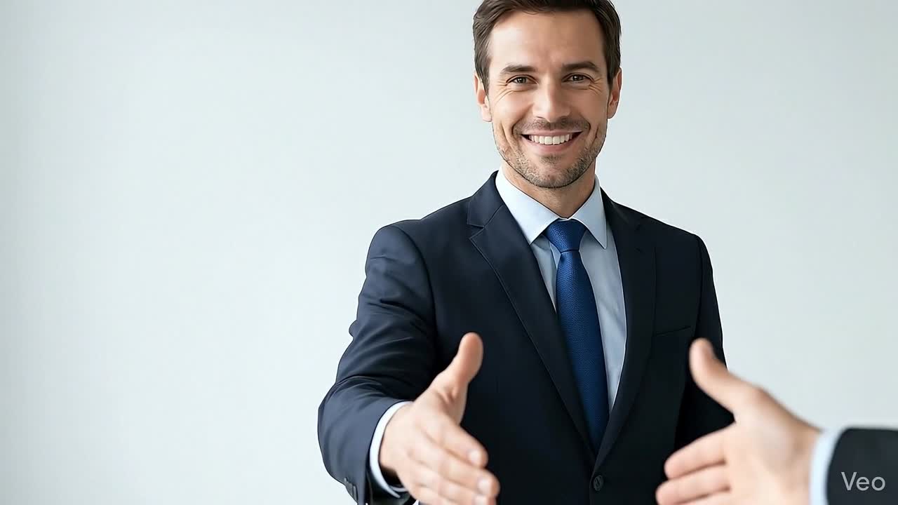 Uomo in abito formale che sorride e si protende in avanti per una stretta di mano in un luminoso ambiente d'ufficio aziendale.