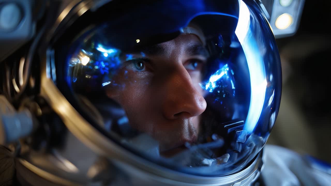Primer plano del rostro de un astronauta mostrando reflejos en el visor, capturando la emoción y profundidad de la exploración espacial en dos fotogramas