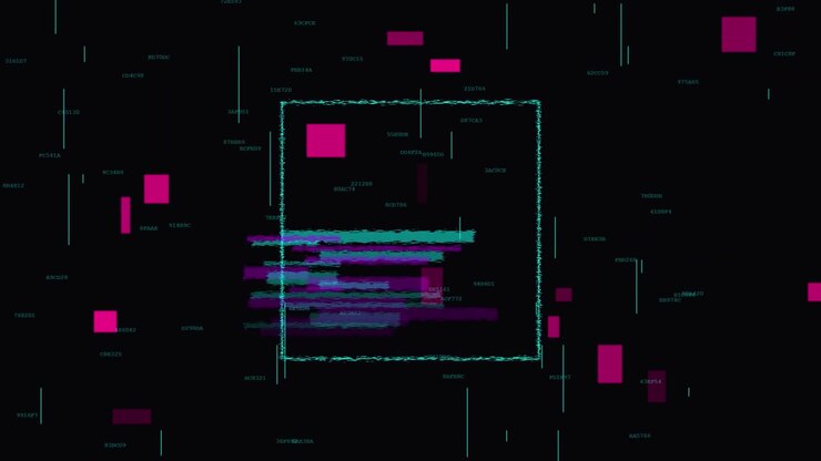 Digital Glitch Abstract Background with Floating Data Blocks
