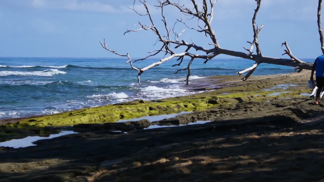 A group of friends walking along the shore of the beach.