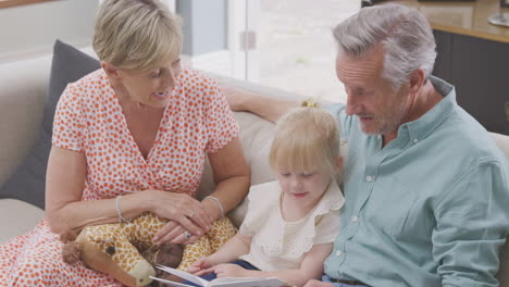 grandparents sitting on sofa with granddaughter at home reading book together