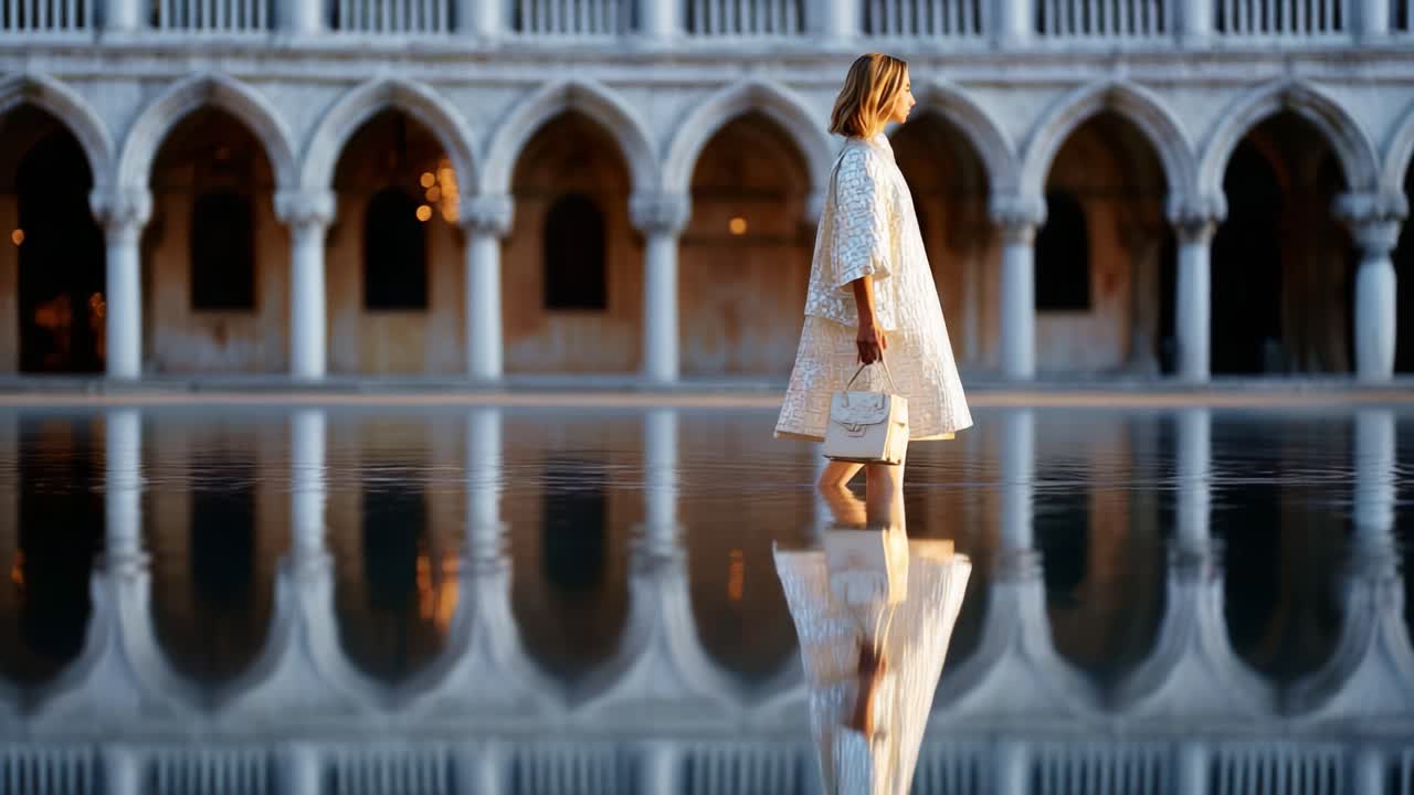 A Serene Moment of Reflection: A Young Woman Walks Gracefully Across a Tranquil Water Surface, Adorned in a Delicate Kimono, Surrounded by Architectural Elegance and Reflections