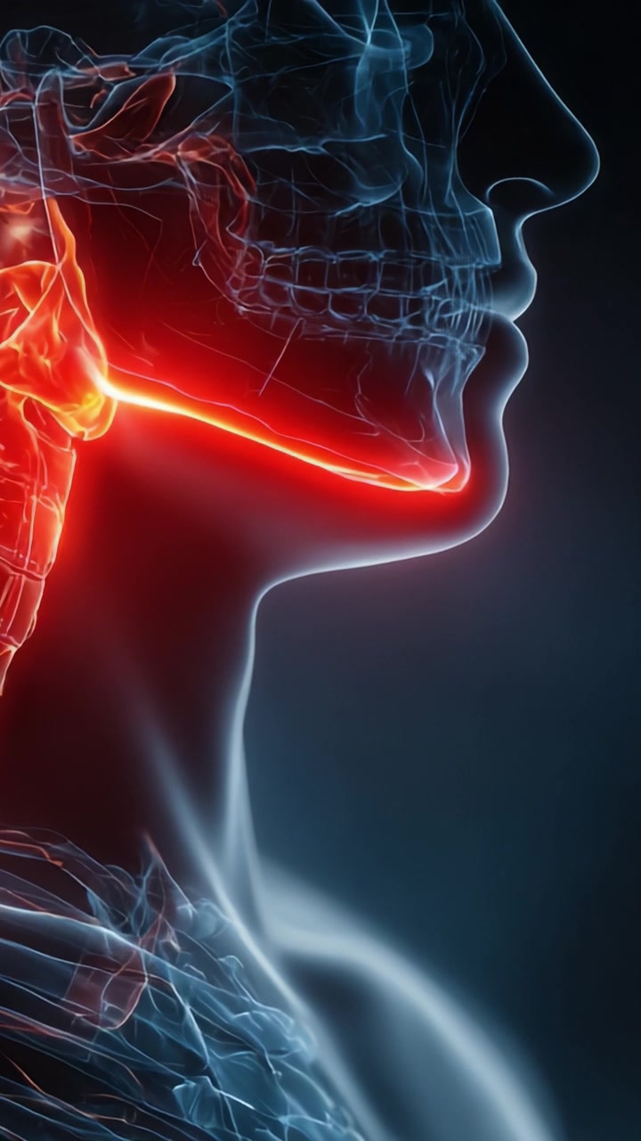 Visualizzazione anatomica della gola umana: una sorprendente rappresentazione delle strutture e funzioni interne con un vibrante contrasto di colori.
