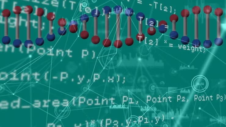 Animation of dna strand and data processing over green background