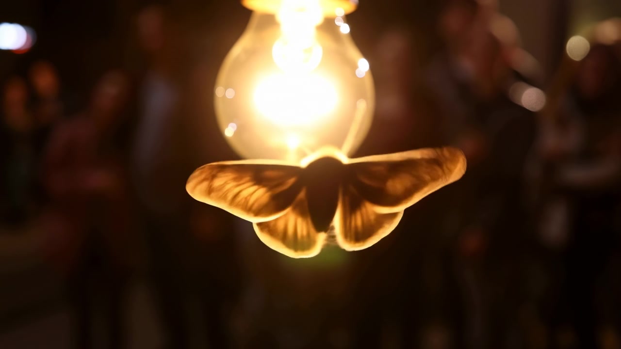 La luce calda delinea le ali di una falena mentre aleggia e si sposta sotto una lampadina luminosa, passando da battiti d'ali aperti a una posizione più strettamente ripiegata, mentre l'ambiente circostante rimane scuro e sfocato.