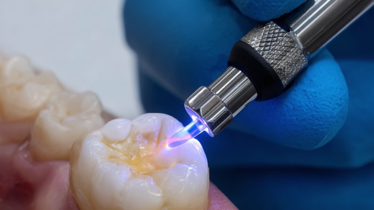 Procedura odontoiatrica avanzata che utilizza la tecnologia laser per il trattamento delle carie dentali e il ripristino della struttura del dente in un contesto clinico.