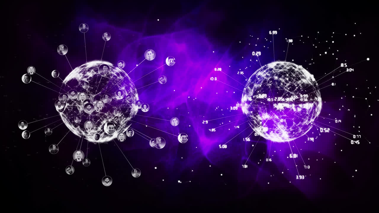 두 개의 디지털 지구가 서로 다른 데이터로 회전합니다.