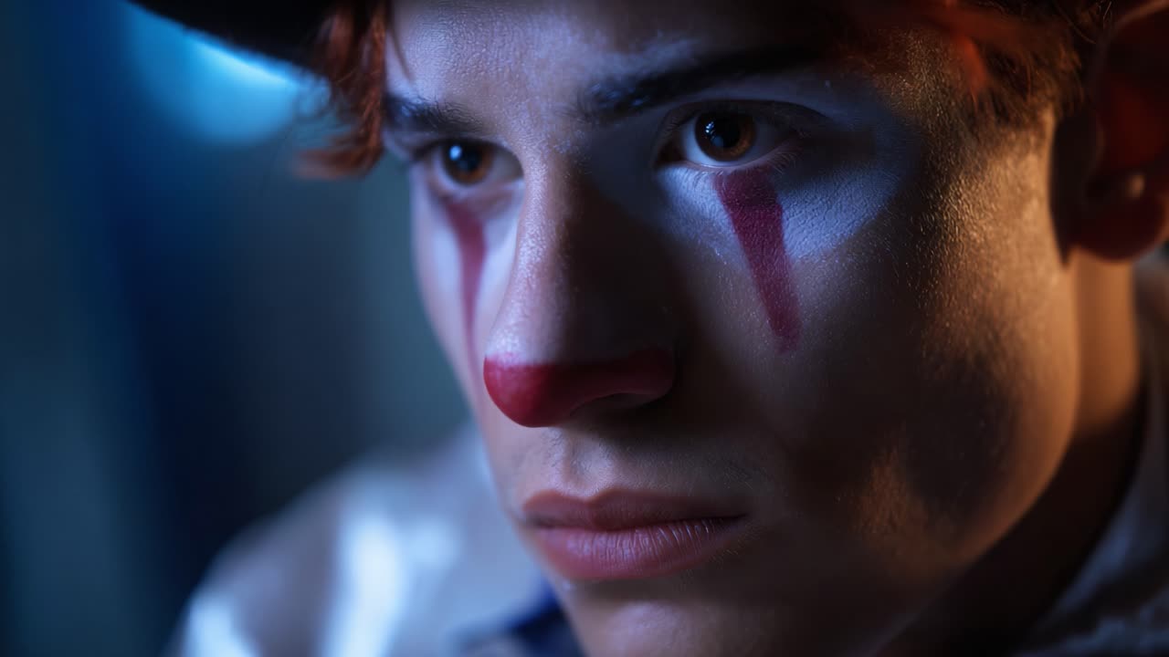 A somber clown gazes intensely, revealing emotions through make-up artistry and captivating eyes, embodying the essence of performance and hidden stories
