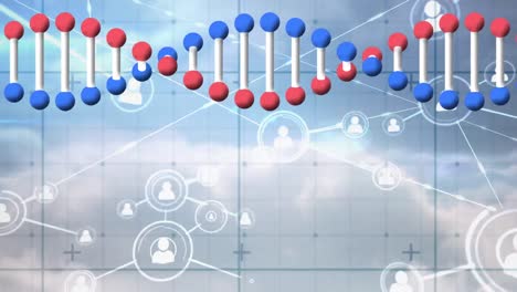 Animation-Des-DNA-Strang-Modells-über-Ein-Netzwerk-Von-Personensymbolen-Am-Blauen-Himmel