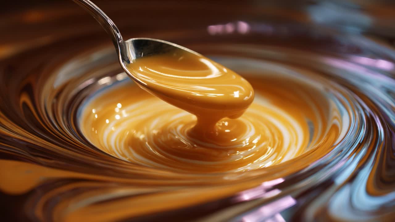 En smuk næroptagelse af gyldne hvirvler og jævn væske, der dryppes fra en ske, og som fanger teksturen og fyldigheden af cremet karamelsauce