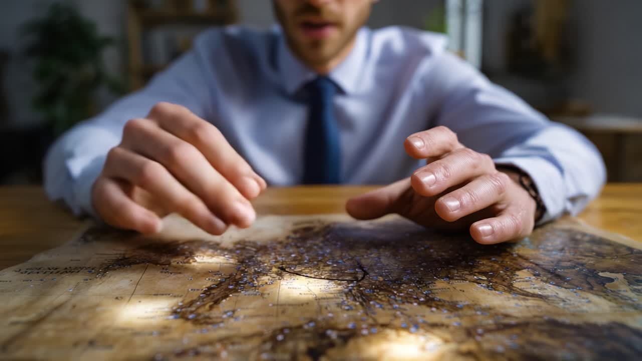 Uomo in camicia e cravatta siede a un tavolo di legno. Le sue mani sono sospese sopra una superficie scura e texturizzata. Sembra concentrato, leggermente teso, come se stesse analizzando o preparandosi ad agire. La luce del sole illumina le sue mani.
